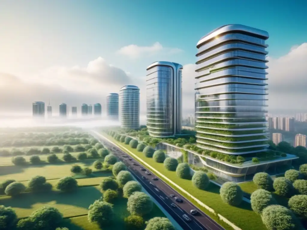 Cityscape futurista sostenible: arquitectura moderna y sostenibilidad Inversiones inmobiliarias sostenibles internacionales: Ciudad futurista con rascacielos energéticamente eficientes y espacios verdes