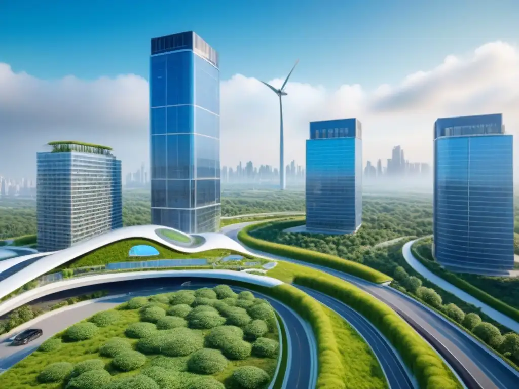 Ecoedificio innovador: oasis urbano en 8k Inversiones inmobiliarias sostenibles internacionales: Complejo de rascacielos sostenibles con energía renovable y diseño moderno
