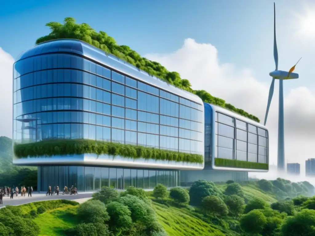 Rascacielos ecoamigable: armonía entre arquitectura moderna y naturaleza Inversiones inmobiliarias sostenibles internacionales: Rascacielos ecológico integrado perfectamente en la naturaleza, reflejando armonía y futuro