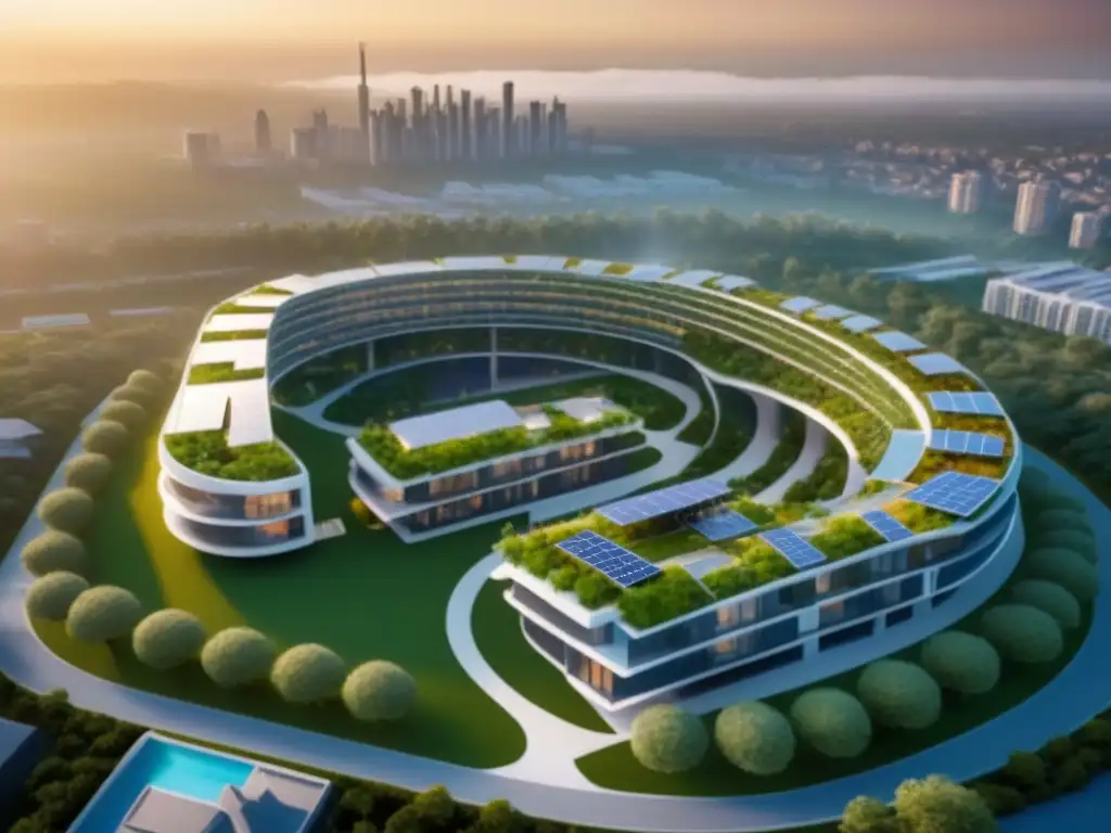 Desarrollo inmobiliario sostenible: armonía entre naturaleza y modernidad Inversiones inmobiliarias sostenibles internacionales: Desarrollo ecoamigable con arquitectura moderna y naturaleza en armonía al atardecer