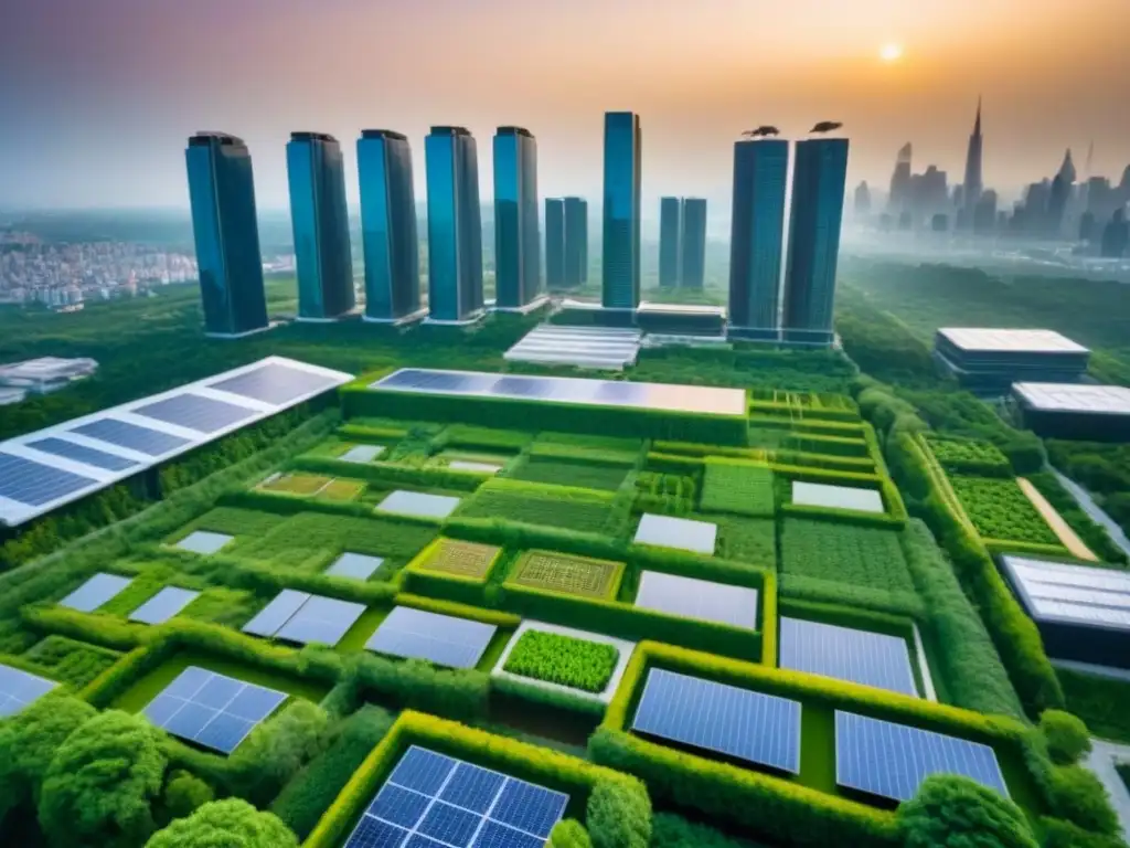 Horizonte urbano sostenible: arquitectura futurista y ecoamigable Inversiones inmobiliarias sostenibles internacionales: Ciudad moderna con rascacielos ecológicos al anochecer