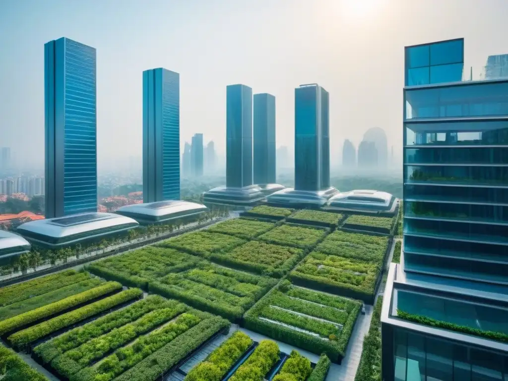 Metrópolis futurista: rascacielos sostenibles y verdes Inversiones inmobiliarias sostenibles internacionales: Ciudad futurista con rascacielos verdes y gente diversa en calles peatonales