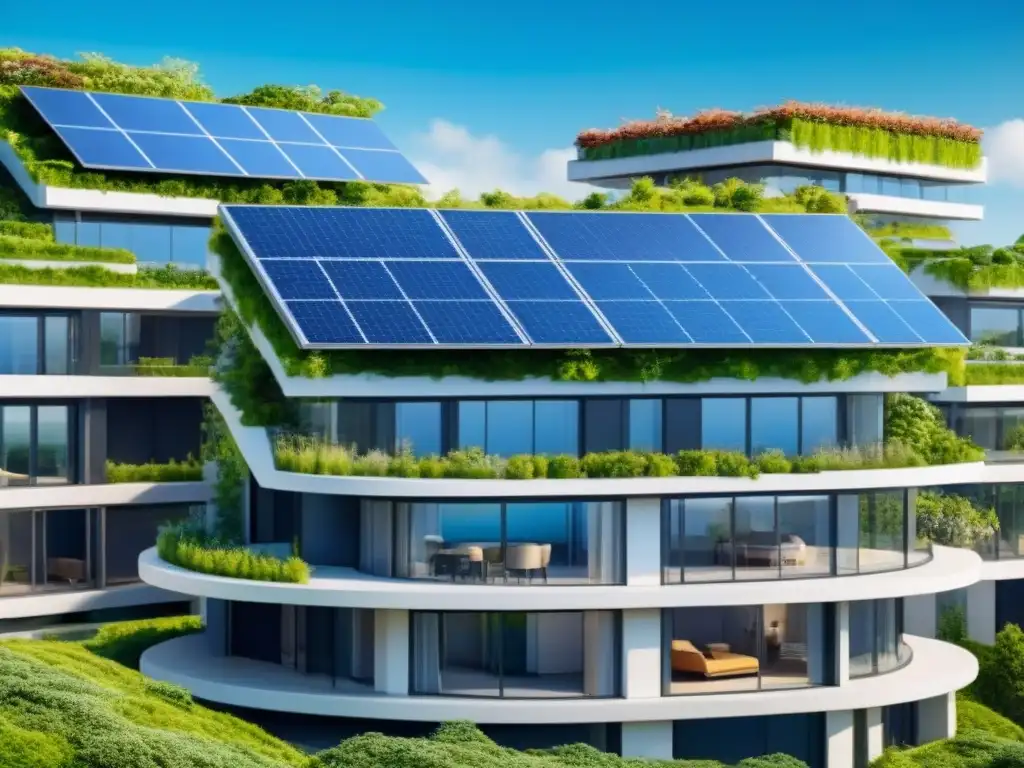 Complejo futurista sostenible: arquitectura ecofriendly Inversiones inmobiliarias sostenibles internacionales: Complejo futurista con paneles solares, vegetación exuberante y arquitectura ecofriendly
