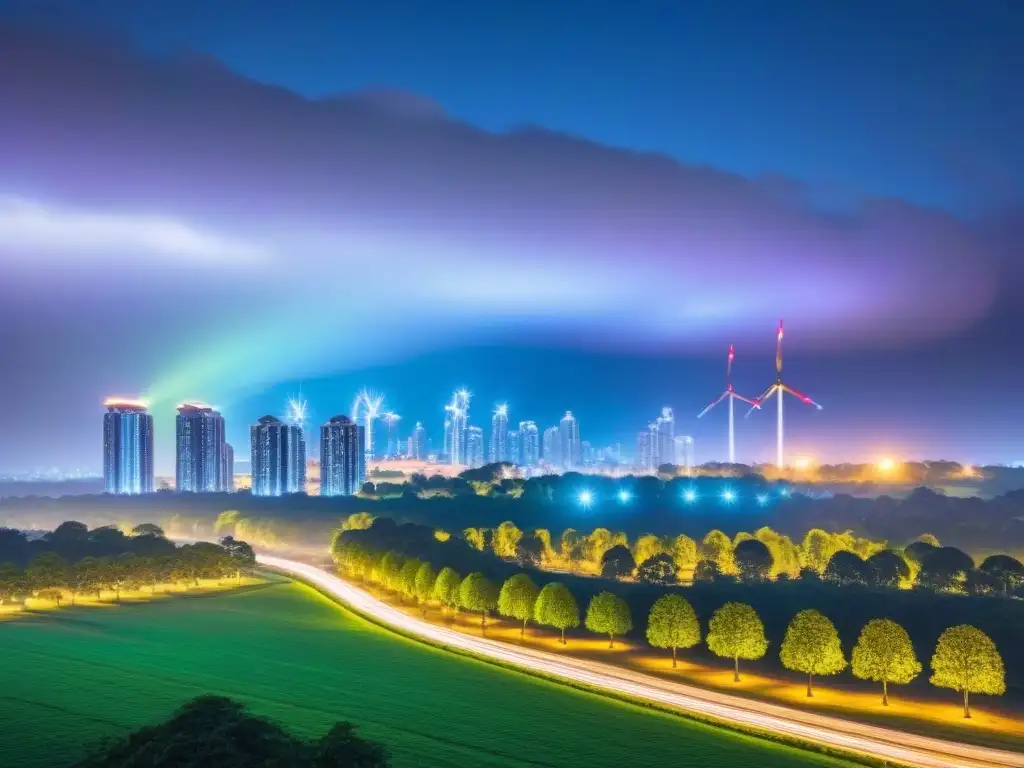 Inversiones inmobiliarias sostenibles en ciudad futurista Inversiones inmobiliarias sostenibles internacionales: Ciudad futurista con rascacielos iluminados por luces LED y parque ecoamigable