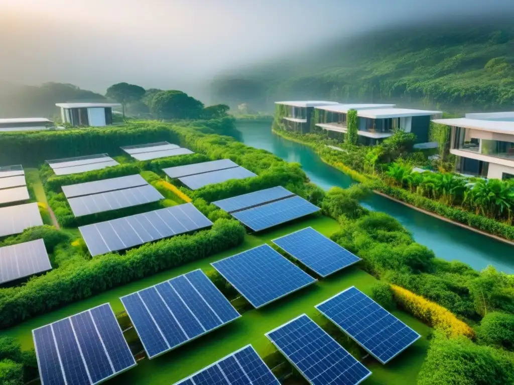 Innovación ecoamigable: desarrollo inmobiliario sostenible Inversiones inmobiliarias sostenibles internacionales: Desarrollo inmobiliario moderno y ecoamigable con paneles solares y vegetación exuberante