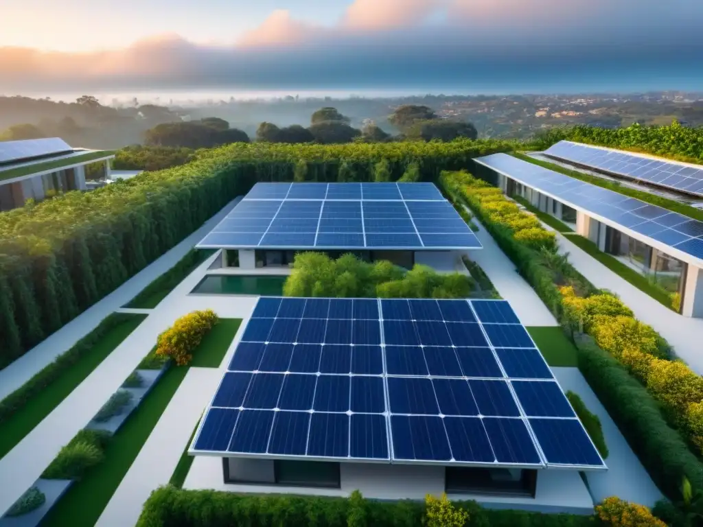 Innovador desarrollo inmobiliario sostenible: arquitectura eco-amigable en armonía con la naturaleza Inversiones inmobiliarias sostenibles internacionales: Vista aérea de un desarrollo ecoamigable con paneles solares y espacios verdes