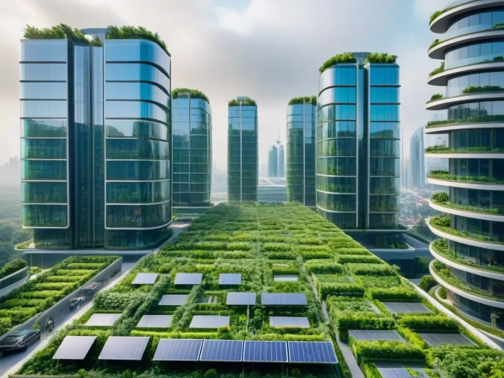 Futurista ciudad sostenible: rascacielos verdes y autos eléctricos Inversiones inmobiliarias sostenibles internacionales: Ciudad futurista con rascacielos ecológicos y autos eléctricos