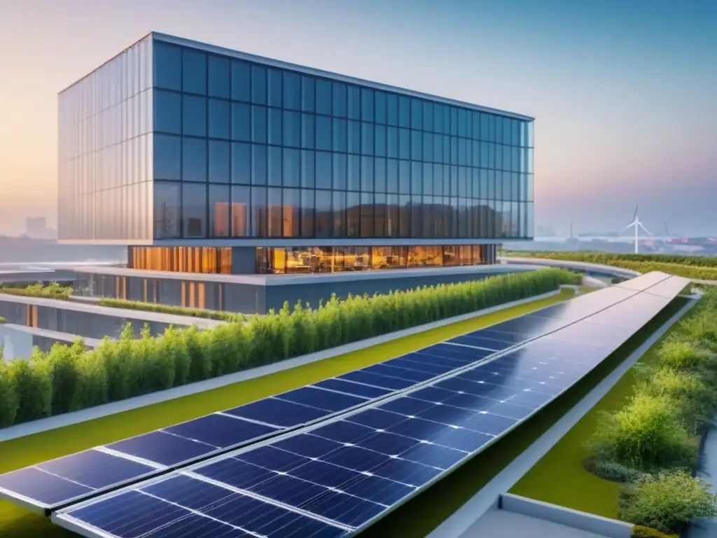 Complejo sostenible futurista: energía renovable y diseño eco Inversiones inmobiliarias sostenibles internacionalmente: Edificio futurista con paneles solares, jardines verdes y turbinas eólicas