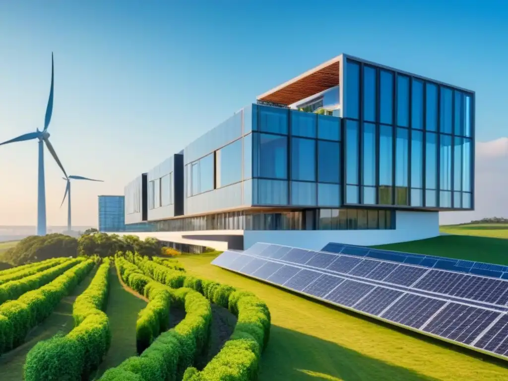 Edificio futurista sostenible con energía renovable Inversiones inmobiliarias sostenibles internacionalmente: Edificio futurista con paneles solares y turbinas eólicas, diseño innovador y verde