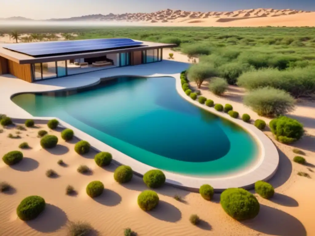 Residencia ecológica de lujo en el desierto del Medio Oriente Inversiones inmobiliarias sostenibles en Medio Oriente: lujosa propiedad ecológica en el desierto, con paneles solares y jardines exuberantes