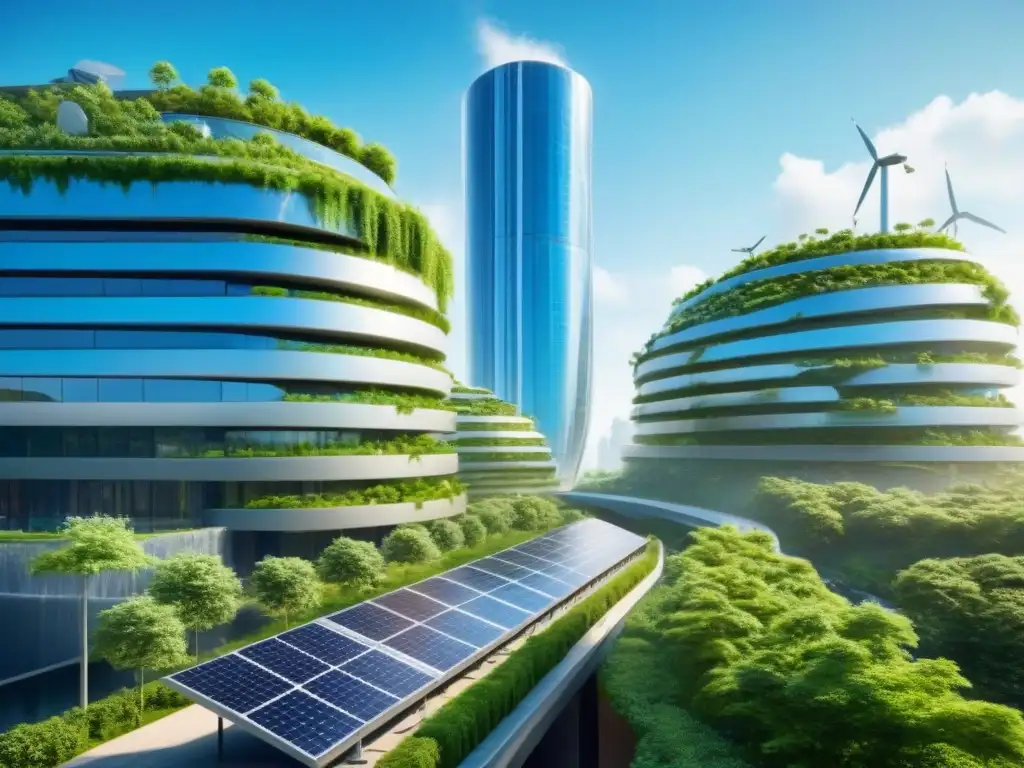 Rascacielos futurista sostenible: inversión verde y tecnología eco Inversiones inmobiliarias sostenibles en un rascacielos futurista rodeado de naturaleza y tecnología ecoamigable
