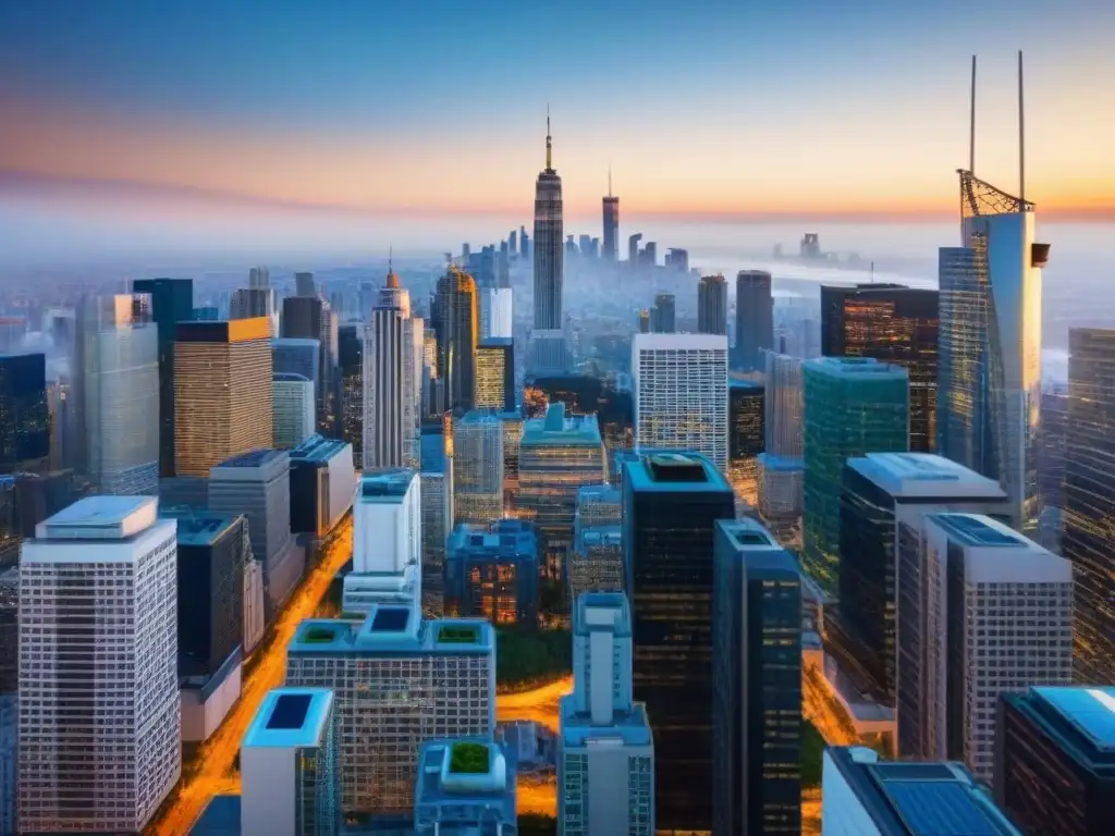 Skyline sostenible: inversión inmobiliaria moderna en ciudad vibrante Inversiones inmobiliarias sostenibles rentables: Ciudad moderna con rascacielos verdes y profesionales exitosos
