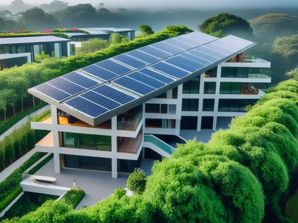 Complejo sostenible: arquitectura innovadora y naturaleza exuberante Inversiones inmobiliarias sostenibles rentables: Un complejo moderno rodeado de naturaleza, paneles solares y gente disfrutando al aire libre