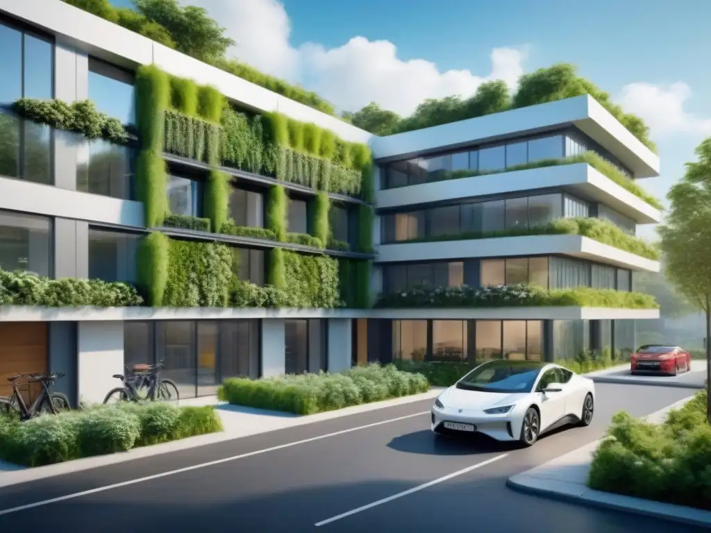 Edificio sostenible de diseño moderno en 8k Inversiones inmobiliarias sostenibles rentables: Edificio moderno con paneles solares, muros verdes y sistema de recolección de agua de lluvia