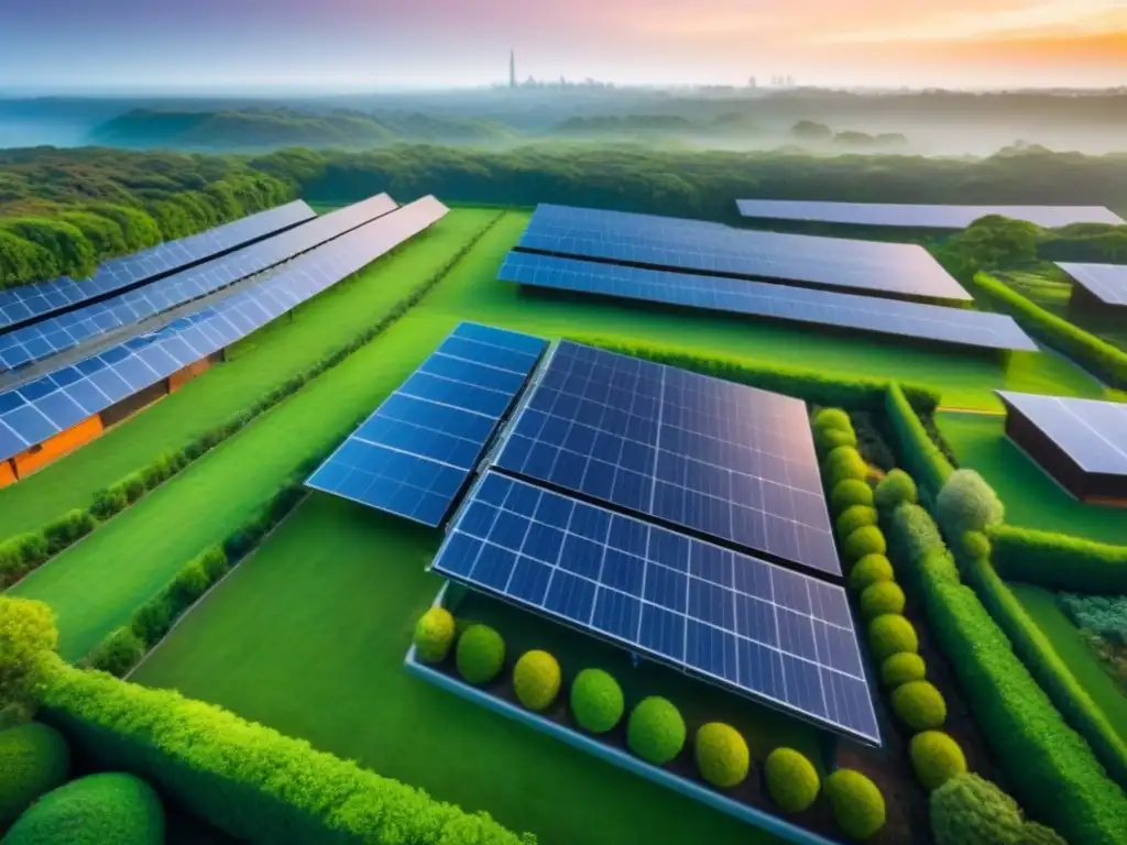 Desarrollo inmobiliario sostenible: armonía entre naturaleza y modernidad Inversiones inmobiliarias sostenibles rentables: desarrollo urbano moderno y sostenible con paneles solares y diseño innovador