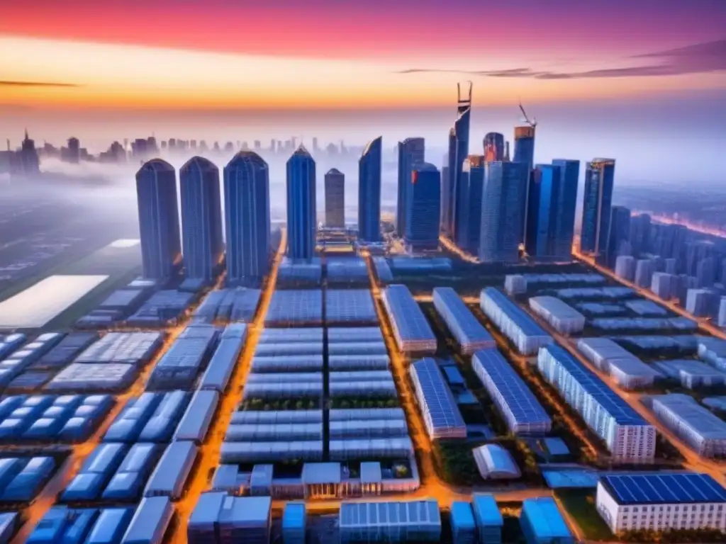 Inversión inmobiliaria sostenible: ciudad moderna al atardecer Inversiones inmobiliarias sostenibles rentables: Ciudad moderna al atardecer con edificios ecoamigables e iluminación cálida