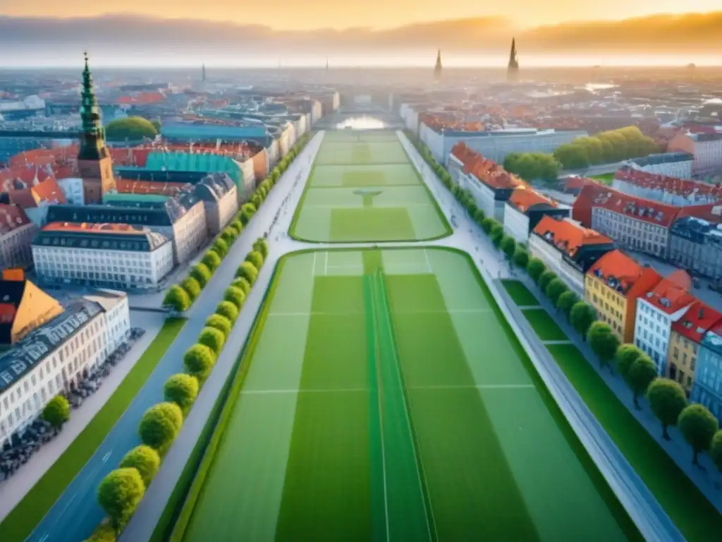 Copenhague sostenible: armonía entre naturaleza y arquitectura moderna Inversiones inmobiliarias sostenibles en Copenhague: Ciudad verde con arquitectura moderna y naturaleza en armonía bajo la luz dorada