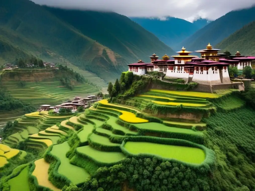 Bhután: armonía entre naturaleza y arquitectura tradicional Inversiones inmobiliarias sostenibles en Bhután: Vista aérea detallada de valles verdes, montañas nevadas y arquitectura tradicional colorida