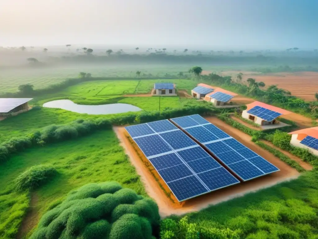 Innovación sostenible: Desarrollo inmobiliario eco en África Subsahariana Inversiones inmobiliarias sostenibles en África: Vista aérea de desarrollo inmobiliario ecológico con paneles solares y espacios verdes