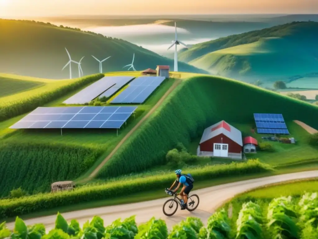 Ecovilla sostenible: armonía entre naturaleza y tecnología en Norteamérica Inversiones inmobiliarias sostenibles en Norteamérica: Vista aérea de una ecoaldea rodeada de naturaleza y tecnología eco-friendly al atardecer