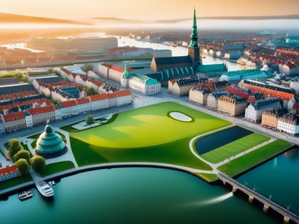 Transformación urbana verde en Copenhague: innovación sostenible Inversiones inmobiliarias sostenibles en Copenhague: vista aérea de la ciudad con edificios verdes y espacios naturales