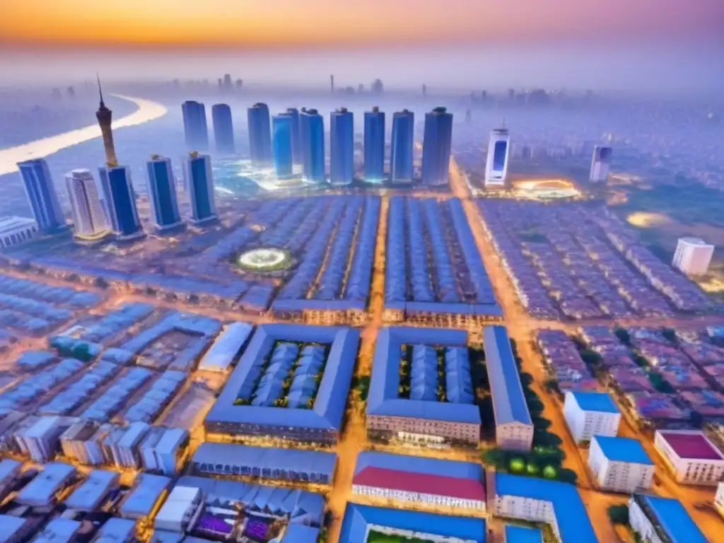 Esplendor urbano: horizonte moderno y vibrante en África Subsahariana Inversiones inmobiliarias en África Subsahariana: Vista aérea vibrante de una ciudad bulliciosa, con modernos rascacielos y mercados coloridos