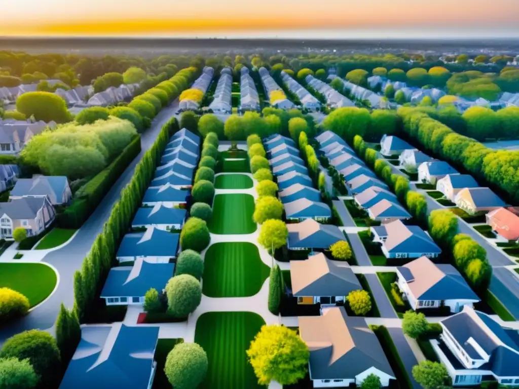 Urbanización suburbana: vida familiar en equilibrio Inversiones inmobiliarias en suburbios internacionales: Vista aérea de desarrollo suburbano moderno al atardecer