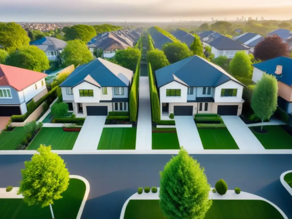 Vecindario moderno: vida urbana en equilibrio Inversiones inmobiliarias en suburbios internacionales: Vista aérea de un vecindario moderno con casas alineadas, calles sinuosas y parques verdes