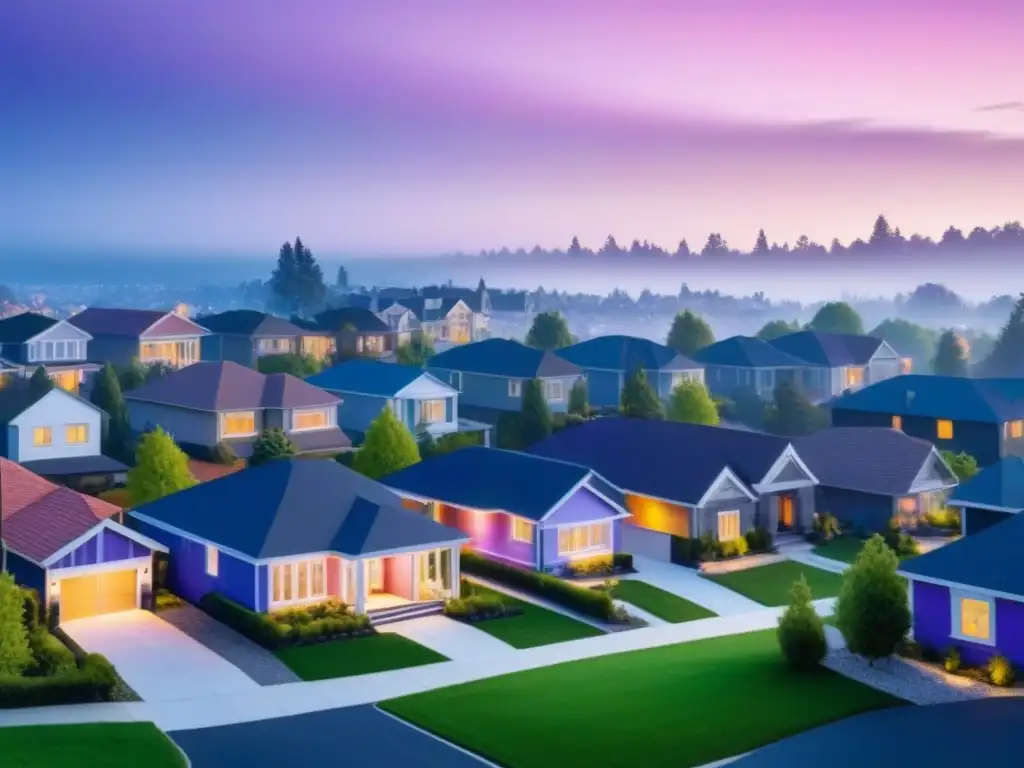 Luces de ciudad al atardecer en suburbio exclusivo Inversiones inmobiliarias en suburbios internacionales: Paisaje suburbano al atardecer con casas modernas y calles arboladas