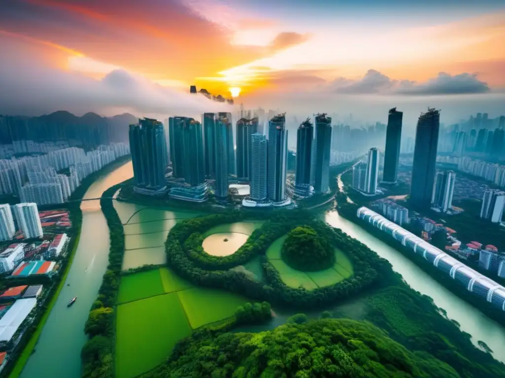 Skyline vibrante: ciudad moderna en el sudeste asiático Inversiones inmobiliarias en Sudeste Asiático: Una vista aérea impresionante de una ciudad vibrante al atardecer
