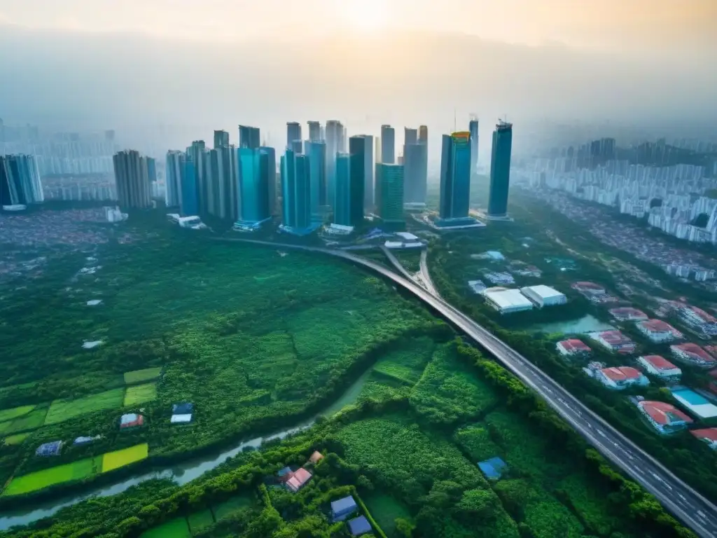 Horizonte urbano vibrante en Asia: modernidad y naturaleza Inversiones inmobiliarias en Sudeste Asiático: Ciudad vibrante con rascacielos modernos y espacios verdes en armonía