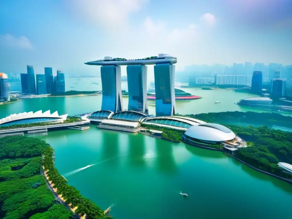 Espectacular vista aérea de Singapur: Marina Bay Sands y rascacielos futuristas Inversiones inmobiliarias en Sudeste Asiático: Vista aérea impresionante de Singapur con Marina Bay Sands y rascacielos futuristas