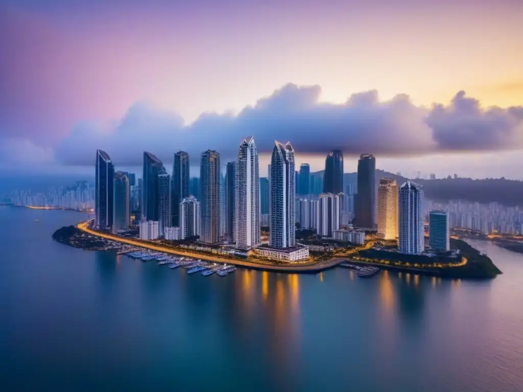 Panamá: Horizonte urbano brillante al atardecer Inversiones inmobiliarias en Latinoamérica: Panamá, skyline urbano iluminado al atardecer con reflejos dorados en el océano