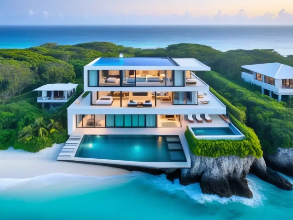 Propiedad de lujo en playa paradisíaca con piscina infinita privada Inversiones inmobiliarias vacacionales costeras: Una lujosa propiedad vacacional en la costa con vista a la playa y aguas turquesas