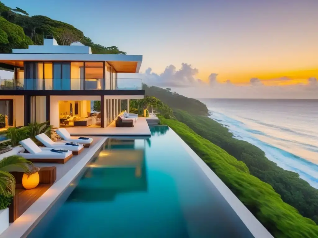 Propiedad de lujo frente al mar: relax y sofisticación Inversiones inmobiliarias vacacionales costeras: lujosa propiedad vacacional con diseño moderno y vistas al mar al atardecer
