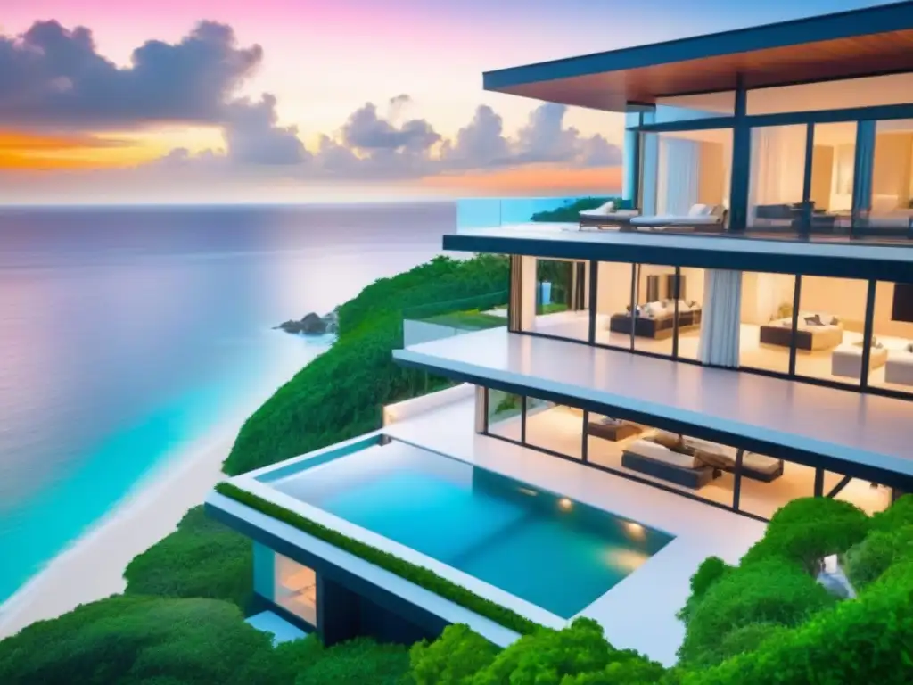 Villa de lujo en la playa con piscina infinita privada Inversiones inmobiliarias vacacionales costeras: Una lujosa villa con piscina infinity en la costa, rodeada de naturaleza y atardeceres vibrantes