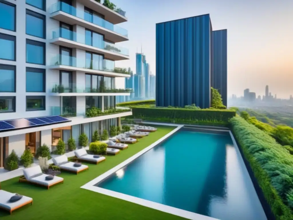 Condominio de lujo eco-sostenible en entorno verde Inversiones inmobiliarias certificación verde: Lujoso complejo de condominios modernos rodeado de vegetación, paneles solares, grandes ventanales y jardín en la azotea con vista a la ciudad