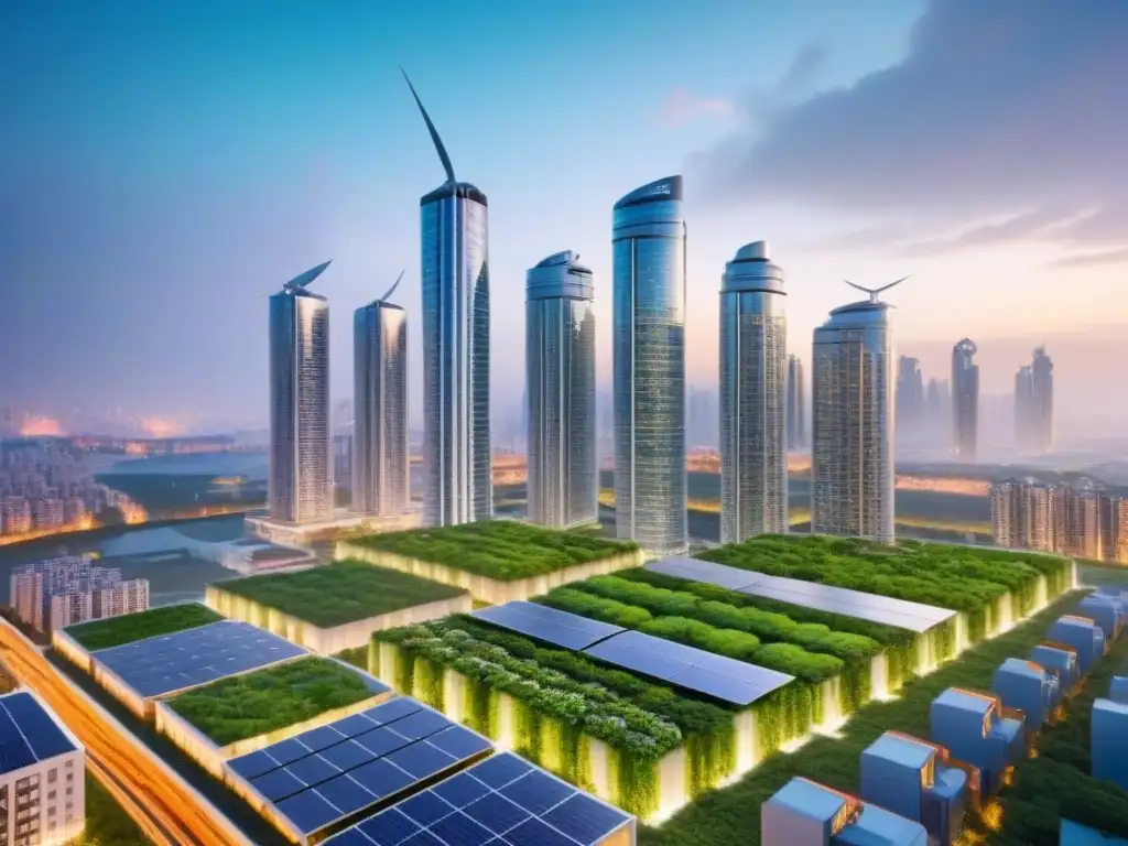 Metrópolis sostenible: ciudad moderna iluminada en verde Inversiones inmobiliarias certificación verde: Ciudad sostenible al anochecer con rascacielos iluminados y complejo residencial ecológico