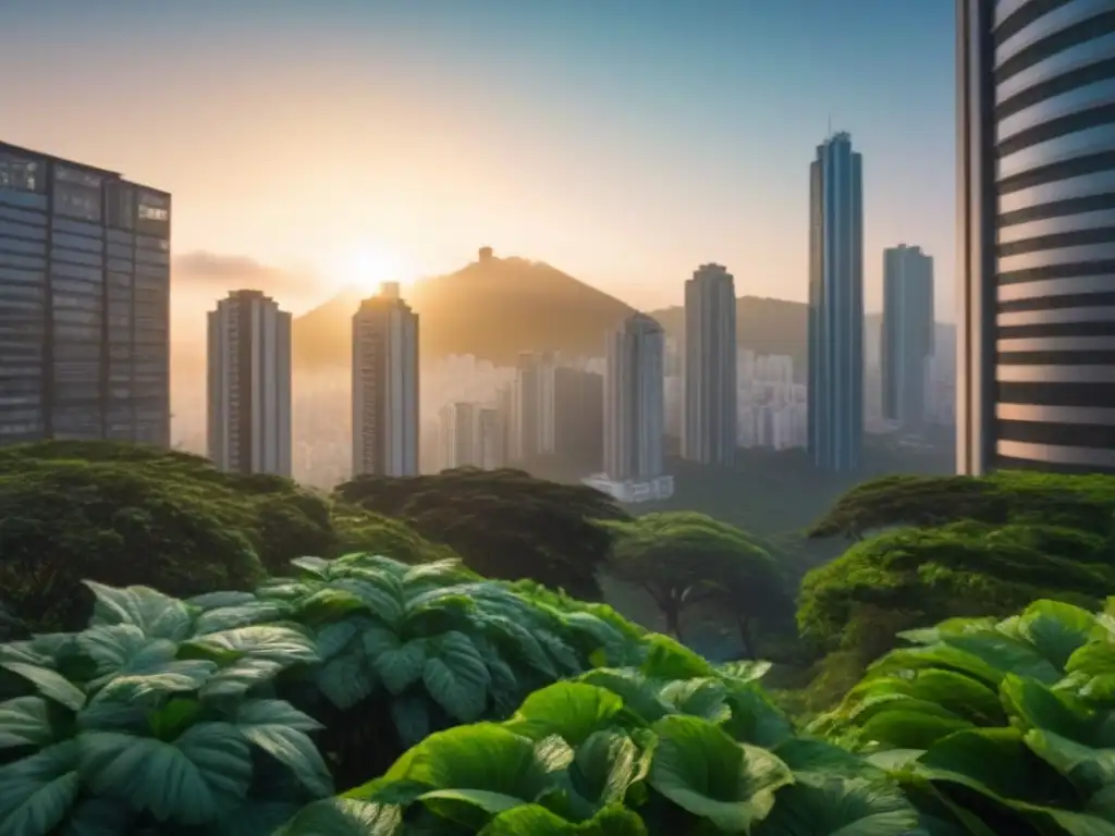 Horizonte urbano en América Latina: inversión internacional y colaboración Inversiones inmobiliarias en América Latina: vibrante ciudad con rascacielos, personas de negocios y prometedor escenario urbano al atardecer