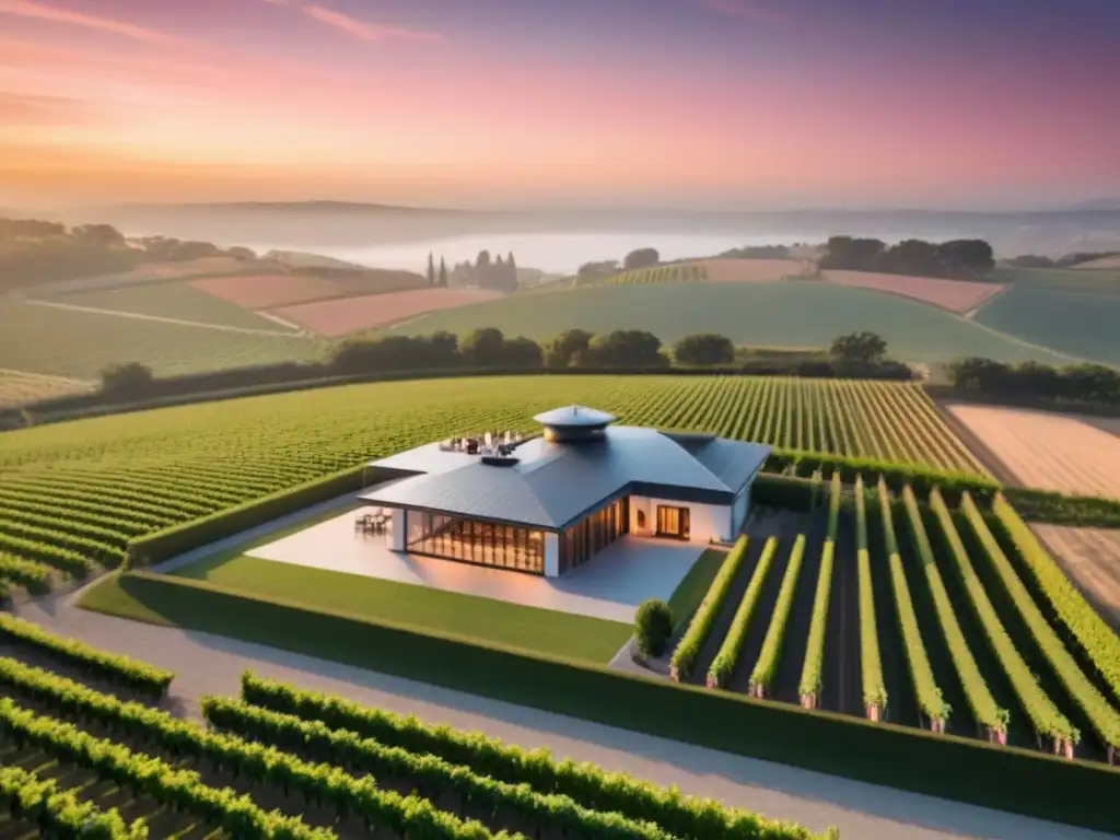 Finca de lujo al atardecer: viñedos exuberantes y degustación de vinos Inversiones inmobiliarias en viñedos internacionales: Atardecer en viñedo de lujo con degustación de vinos y helipuerto