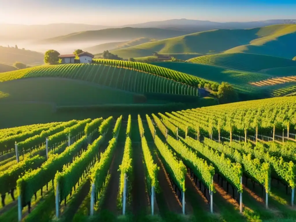 Viñedo al amanecer: belleza y potencial en el mundo del vino Inversiones inmobiliarias en viñedos internacionales: Amanecer dorado en un viñedo exuberante, con hileras de uvas bajo la luz suave del amanecer