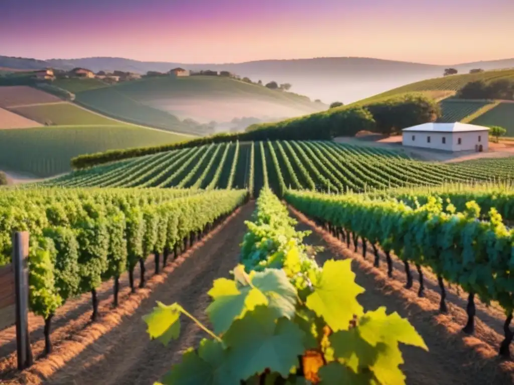 Viñedo al atardecer: inversión en crecimiento y éxito Inversiones inmobiliarias en viñedos: Viñedo pintoresco al atardecer con viñas exuberantes bajo un cielo vibrante