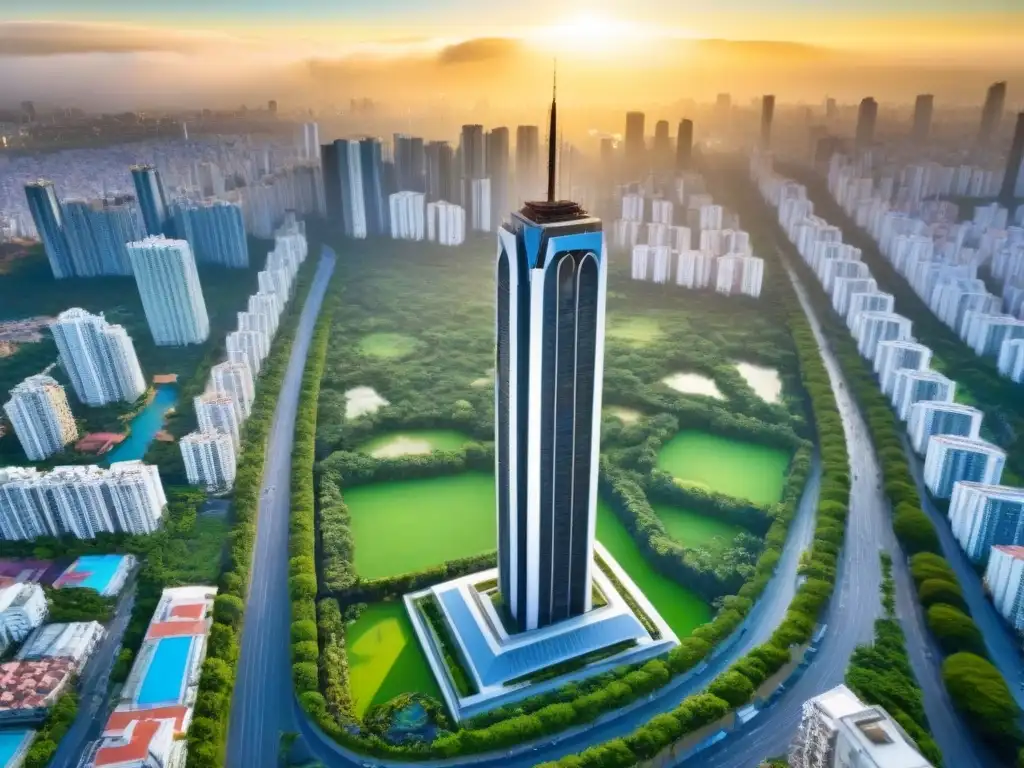 Esplendor urbano: rascacielos moderno en metrópolis latinoamericana Inversiones inmobiliarias en Latinoamérica: Vista aérea de un impresionante rascacielos rodeado de parques verdes y bulliciosas calles