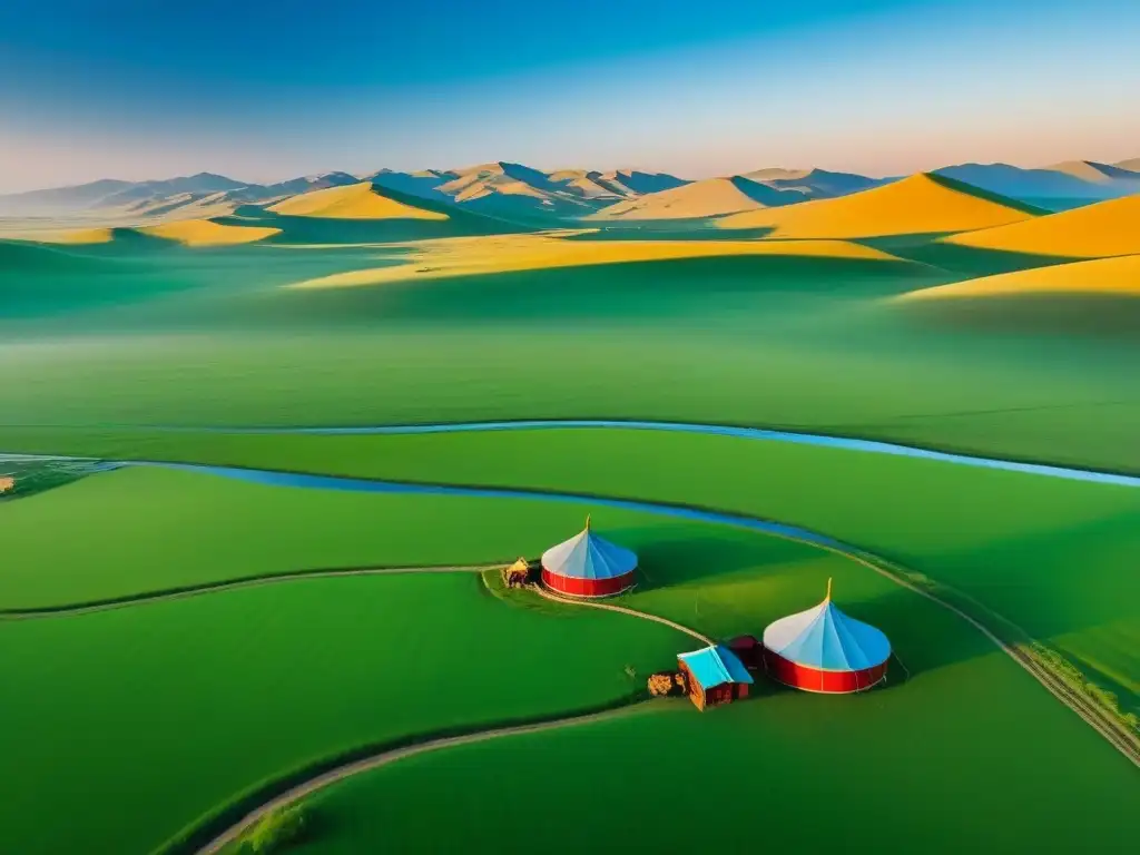 Paisaje mongol: belleza natural para invertir Inversiones inmobiliarias en Mongolia: Vista aérea impresionante de las colinas, praderas y montañas bajo un cielo azul