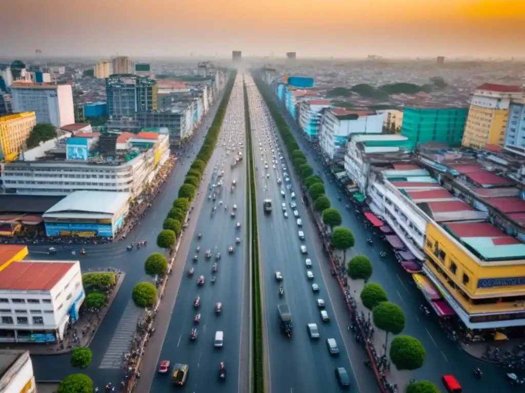 Espléndida vista aérea de Phnom Penh: arquitectura khmer y rascacielos Inversiones inmobiliarias en Camboya: Vista aérea de Phnom Penh, con arquitectura tradicional y rascacielos modernos