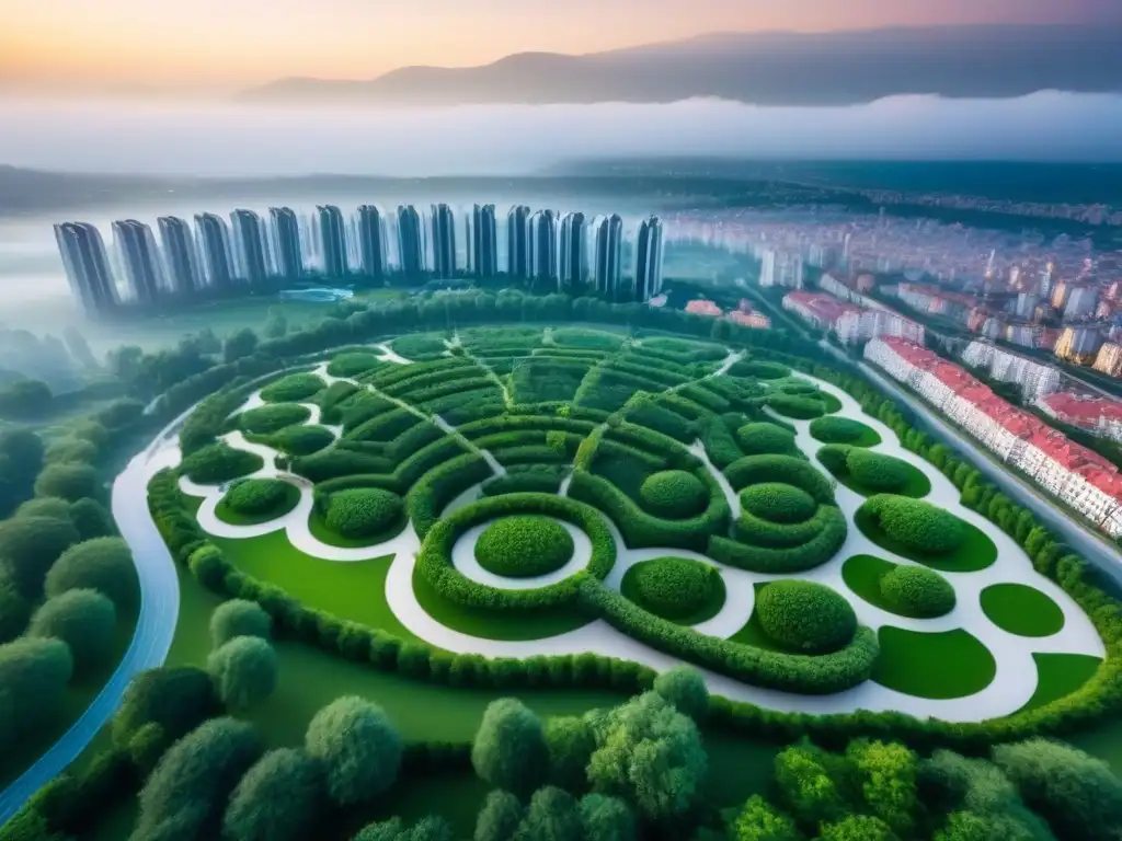 Complejo residencial futurista en Europa del Este: modernidad y verde Inversiones inmobiliarias en Europa del Este: Vista aérea de complejo residencial futurista con arquitectura innovadora y espacios verdes, destacando el dinamismo urbano