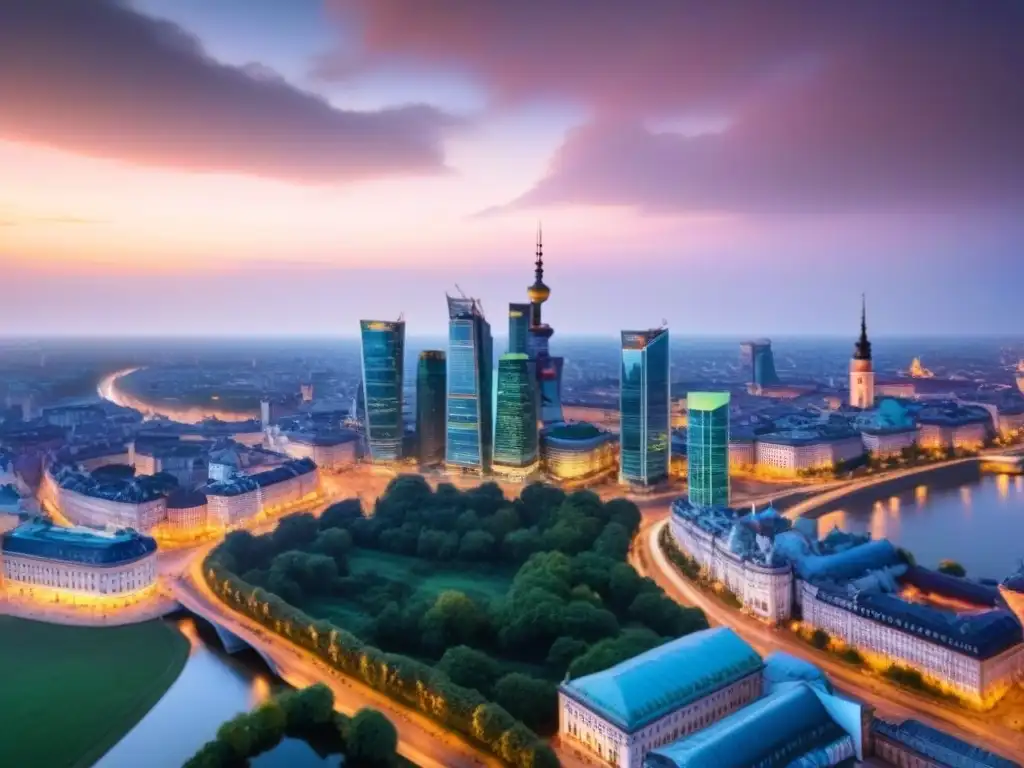Espectacular skyline de Varsovia al anochecer Inversiones inmobiliarias en Europa del Este: Vista aérea de Varsovia al anochecer con su mezcla de arquitectura histórica y moderna iluminada por las luces de la ciudad y el río Vístula reflejando los colores del atardecer