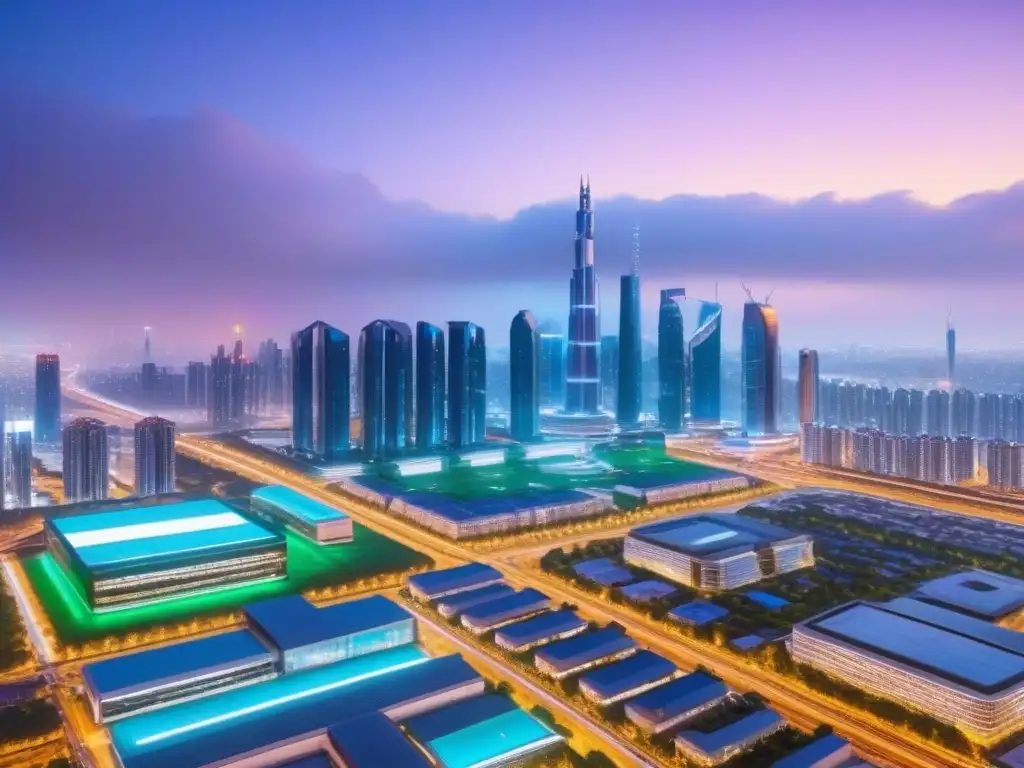 Skyline futurista: ciudad inteligente 8k con tecnología y sostenibilidad Inversiones inmobiliarias en Smart Cities: Una vista futurista de una ciudad inteligente con rascacielos iluminados por luces de neón