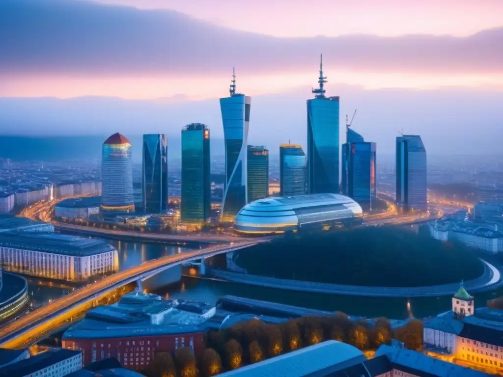 Skyline futurista de Bratislava: Oportunidades de inversión en esencia Inversiones inmobiliarias en Eslovaquia: Vista futurista de Bratislava con rascacielos innovadores y un distrito de negocios lleno de profesionales