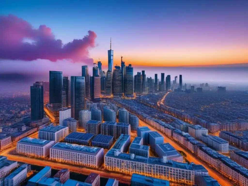 Metrópolis vibrante al atardecer: arquitectura moderna en alta definición Inversiones inmobiliarias en zonas migratorias: Ciudad moderna al atardecer, con rascacielos iluminados por luces de calle y el sol poniente